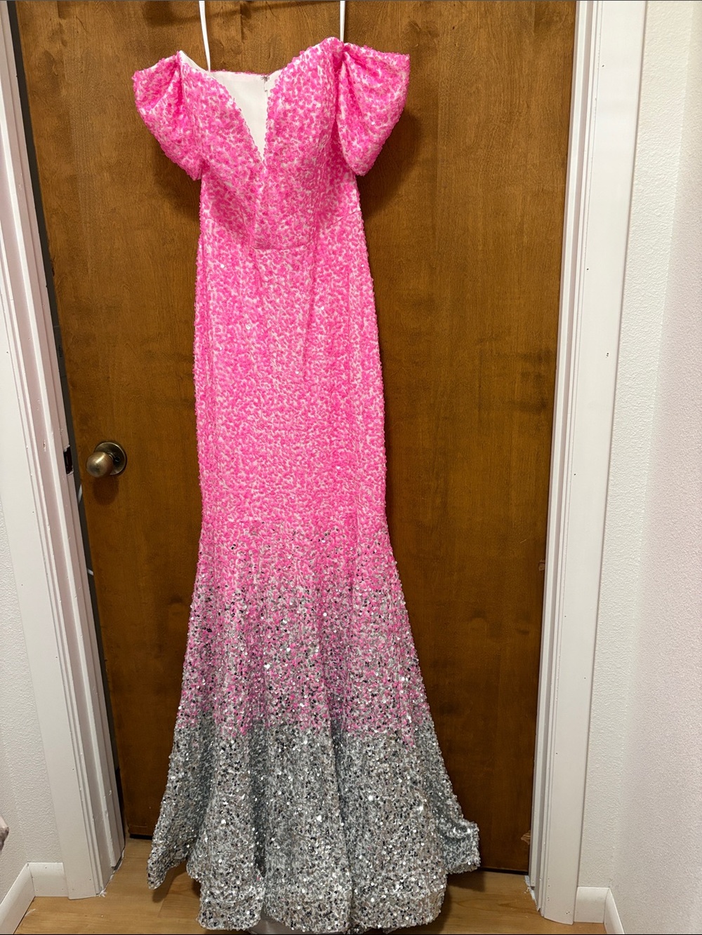 651. Portia and Scarlett Pink Sequin Mermaid Gown with Silver Ombre